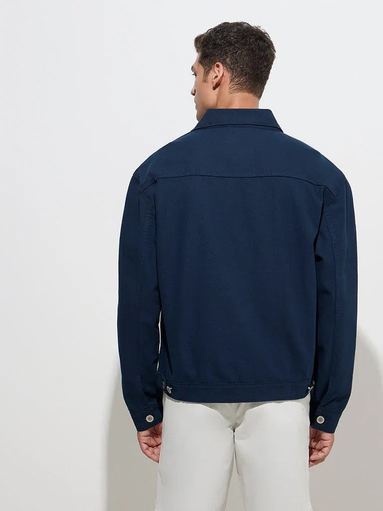 WES Casuals Navy Solid Relaxed-Fit Cotton Jacket