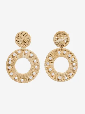Westside Accessories Beige Raffia Double Circle Pearl Raffia Earrings