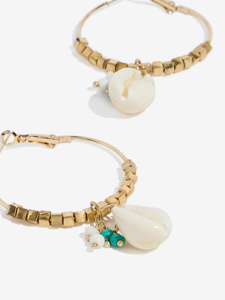 Westside Accessories Gold & White Seashells and Agate Hoop Earrings