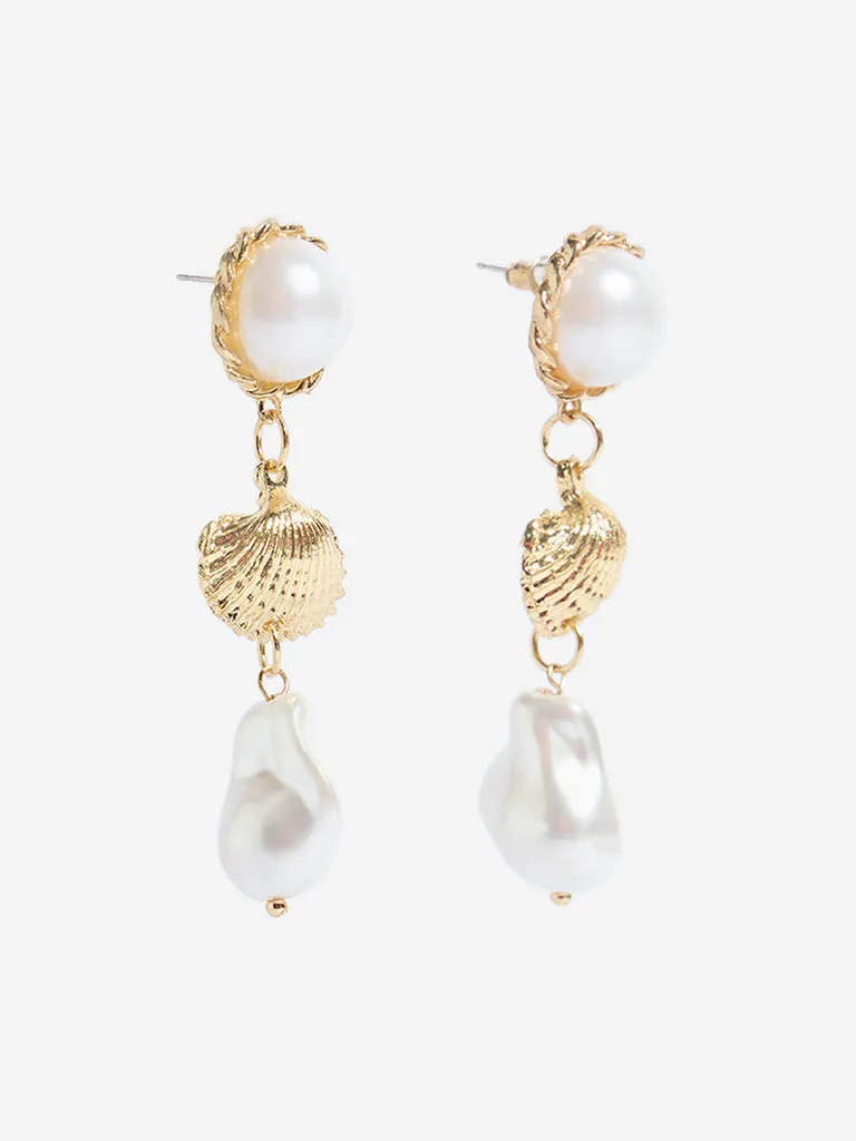 Westside Accessories Gold Shell Pearl Dangler Earrings