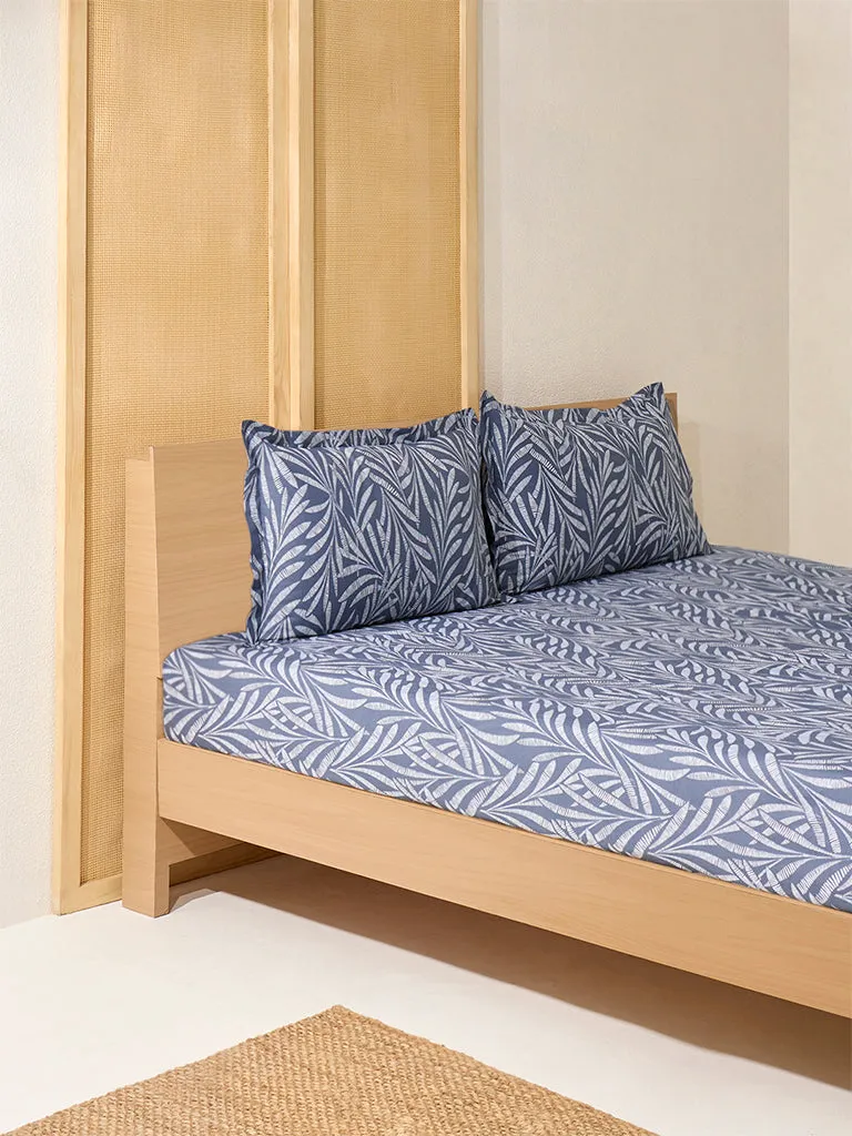Westside Home Dusty Blue Foliage Printed Queen Bed Fitted Sheet and Pillowcase Set