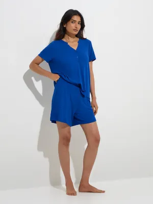 Wunderlove Blue Ribbed-Textured High-Rise Lounge Shorts