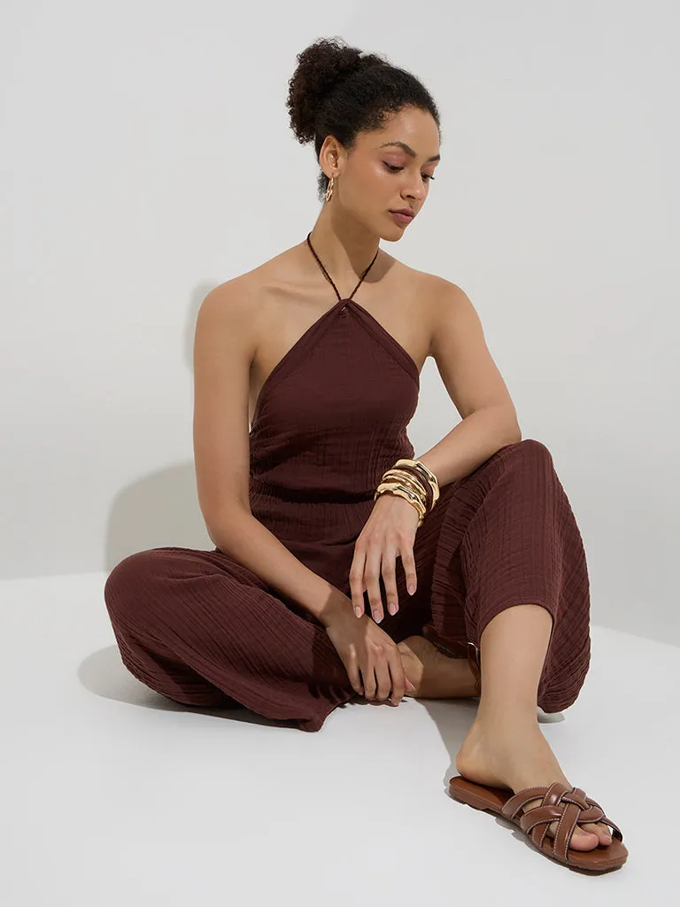 Wunderlove Brown Crinkle-Textured Cotton Beach Jumpsuit