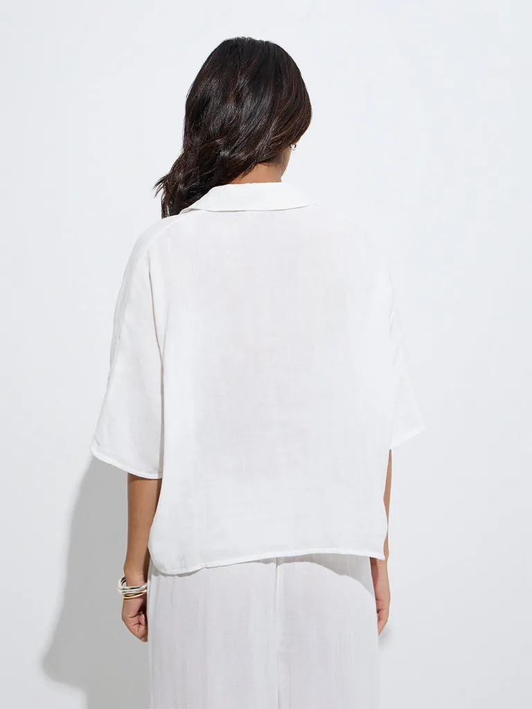 Wunderlove White Crinkle-Textured Cotton Beach Shirt