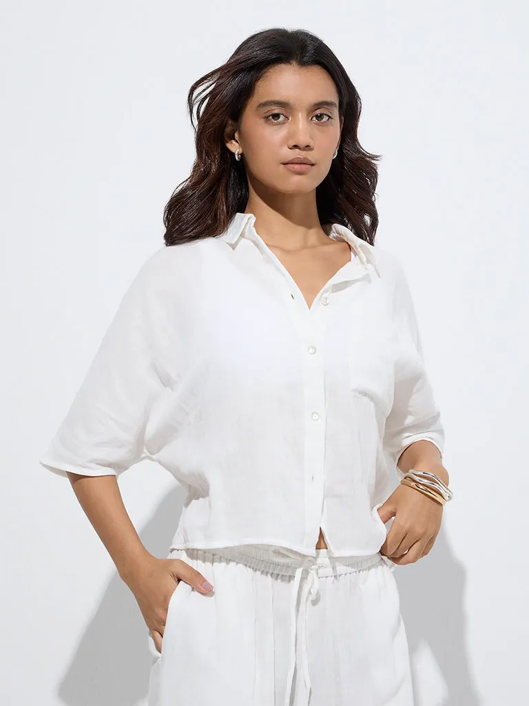 Wunderlove White Crinkle-Textured Cotton Beach Shirt