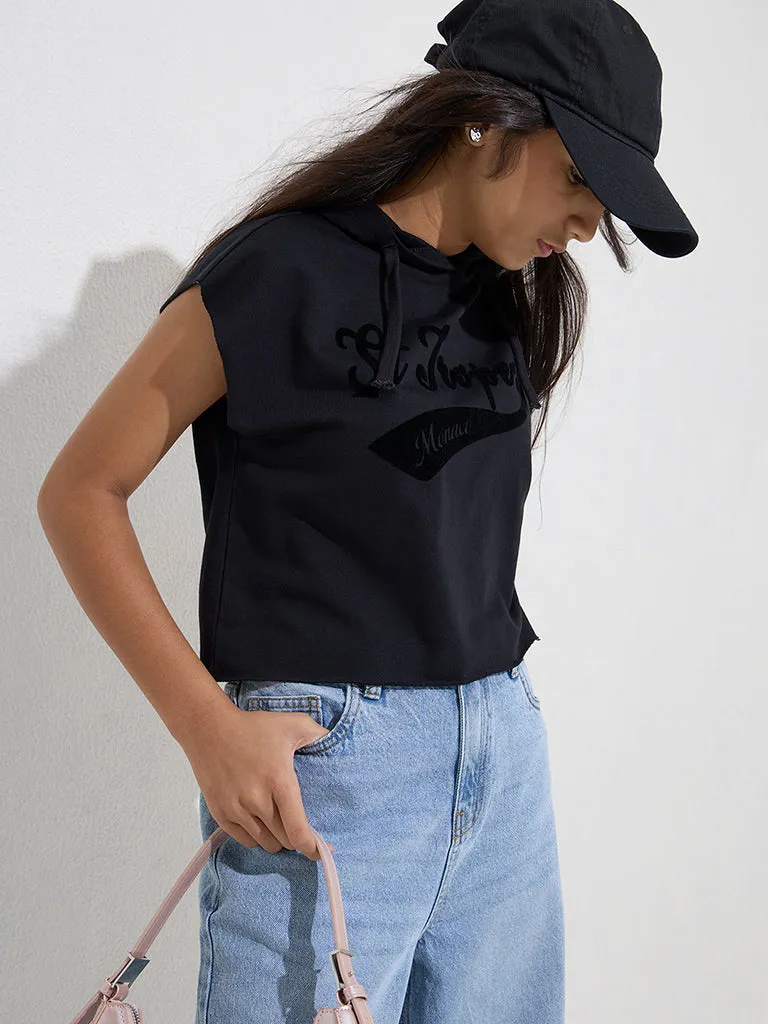 Y&F Kids Black Text Design Cotton Hoodie