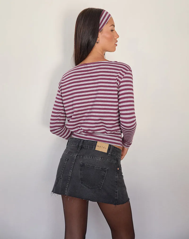 Zahir Long Sleeve Top in Burgundy and Grey Stripe