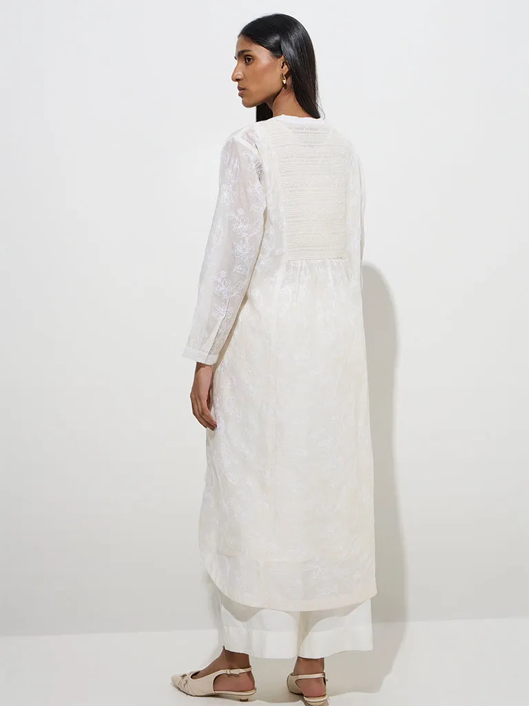 Zuba White Floral Embroidered A-Line Cotton-Blend Kurta